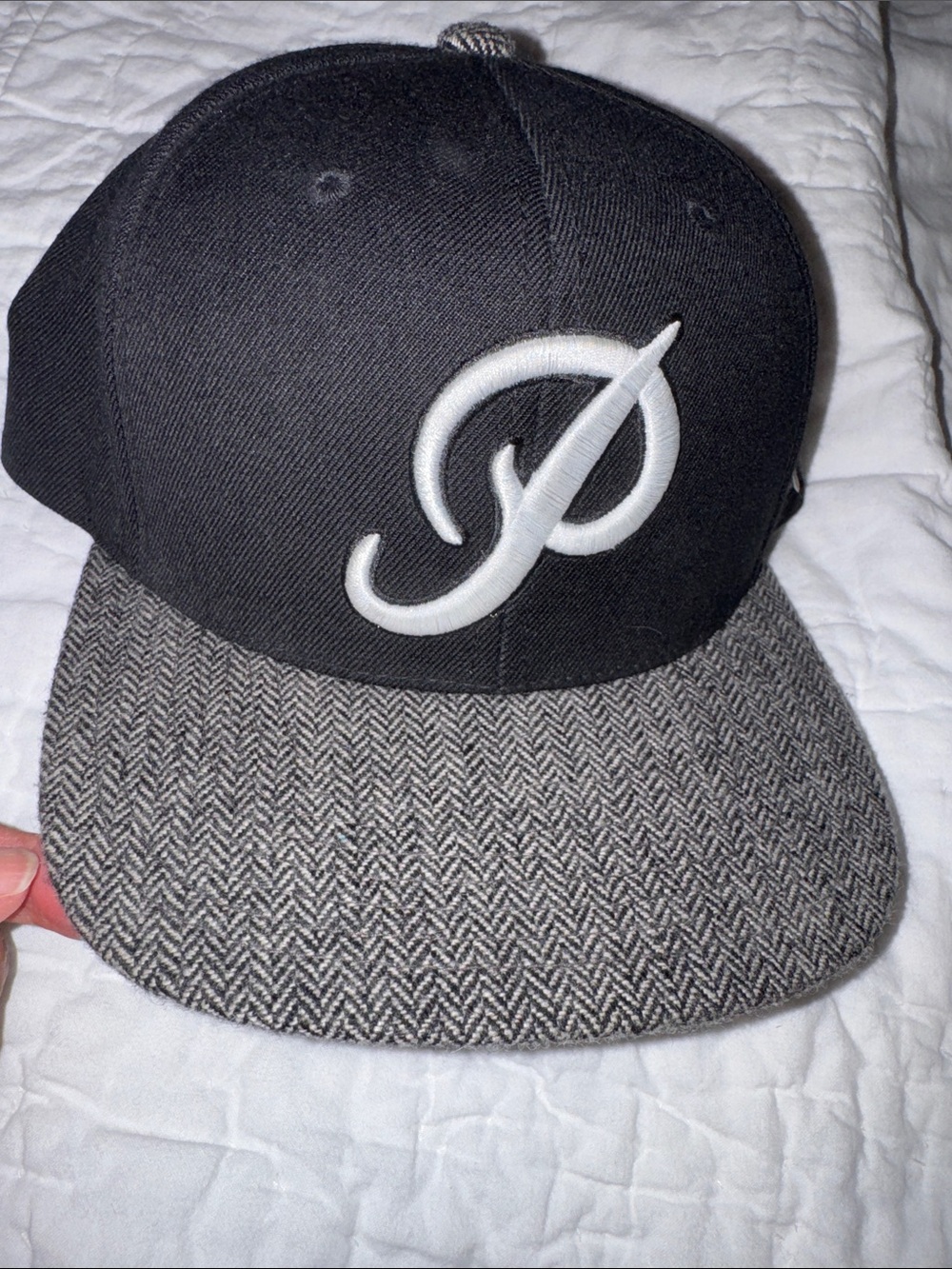 Primitive Black Snapback Hat with Gray Herringbone Brim